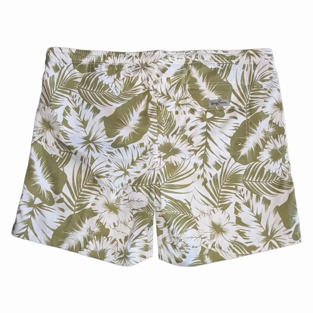 Kenny Flowers Palm Leaf Print Swim Trunks Mens Lrg White Green Lined Drawstring